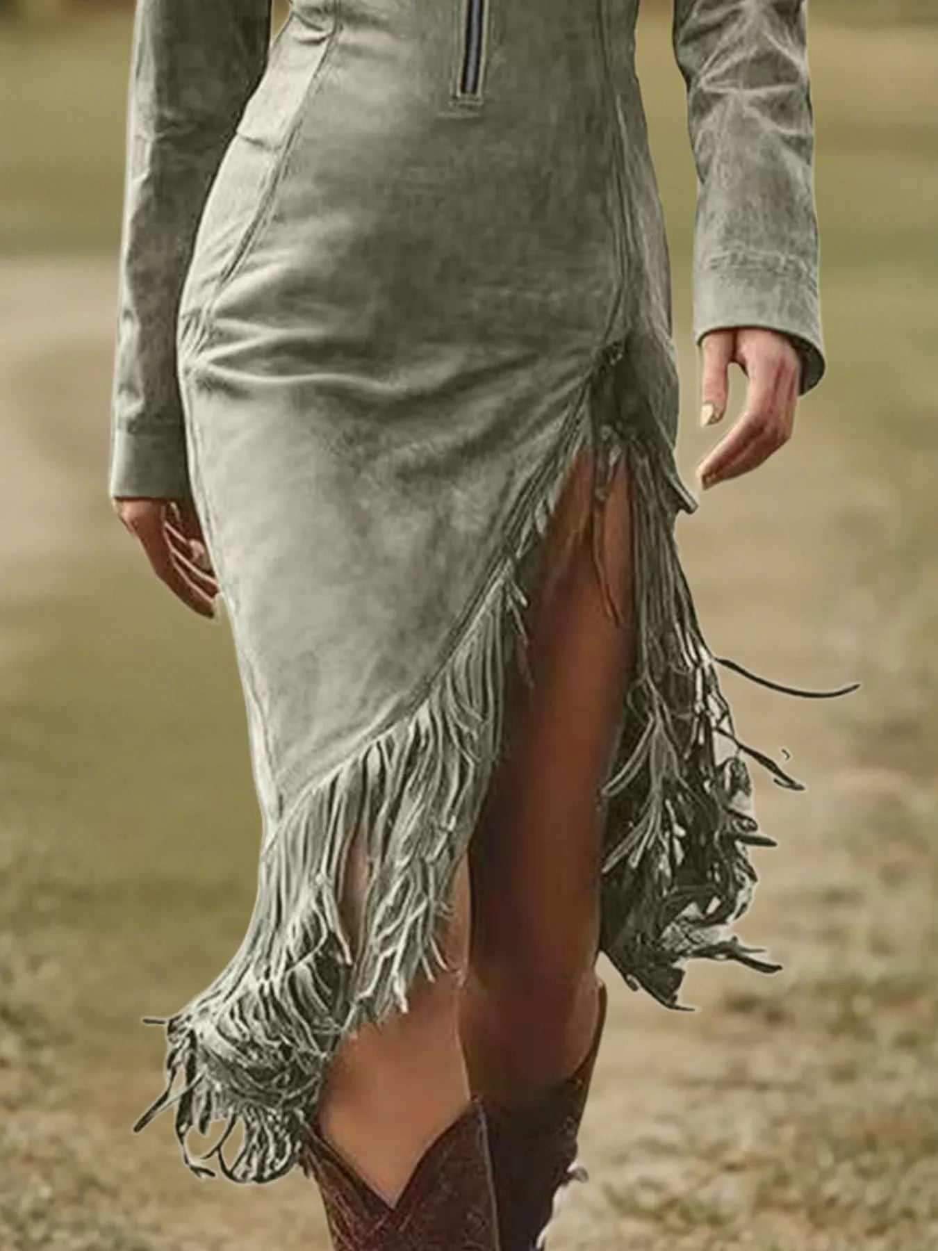 Fringe Hem Zip Front Bodycon Dress