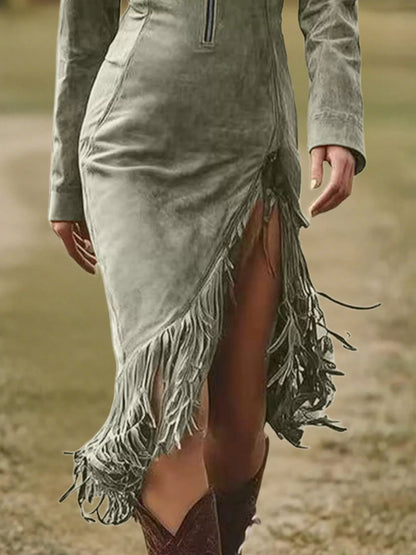 Fringe Hem Zip Front Bodycon Dress