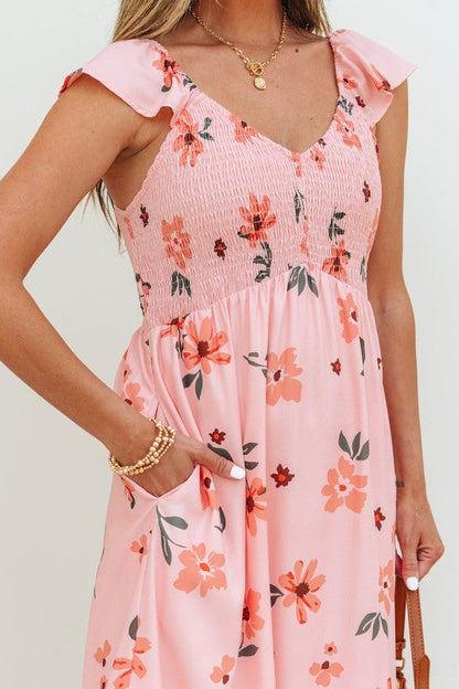 Floral V-Neck Smocked Ruffle Hem Maxi Dress