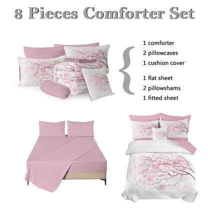 Cherry Blossom Pattern Twin Size 8-piece Comforter Set