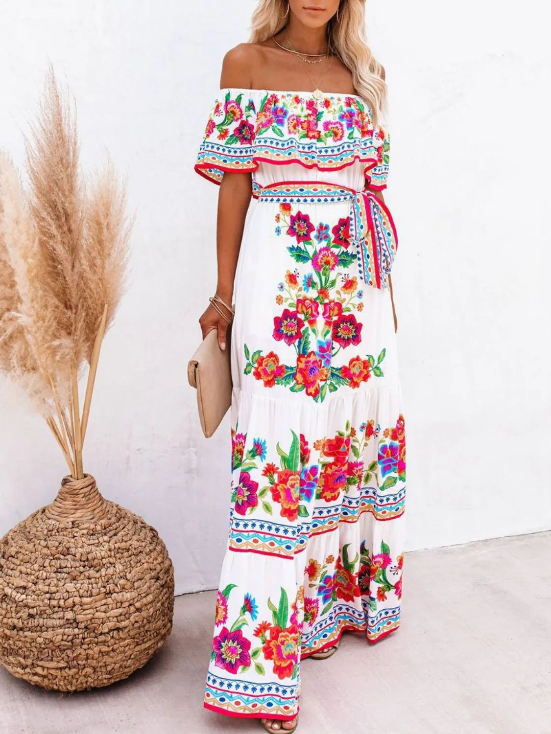 Floral Off Shoulder Ruffle Maxi Dress
