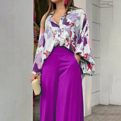 Women's Printed Shirt Wide Leg Pants Fashion Casual Set See size chart under “more details”