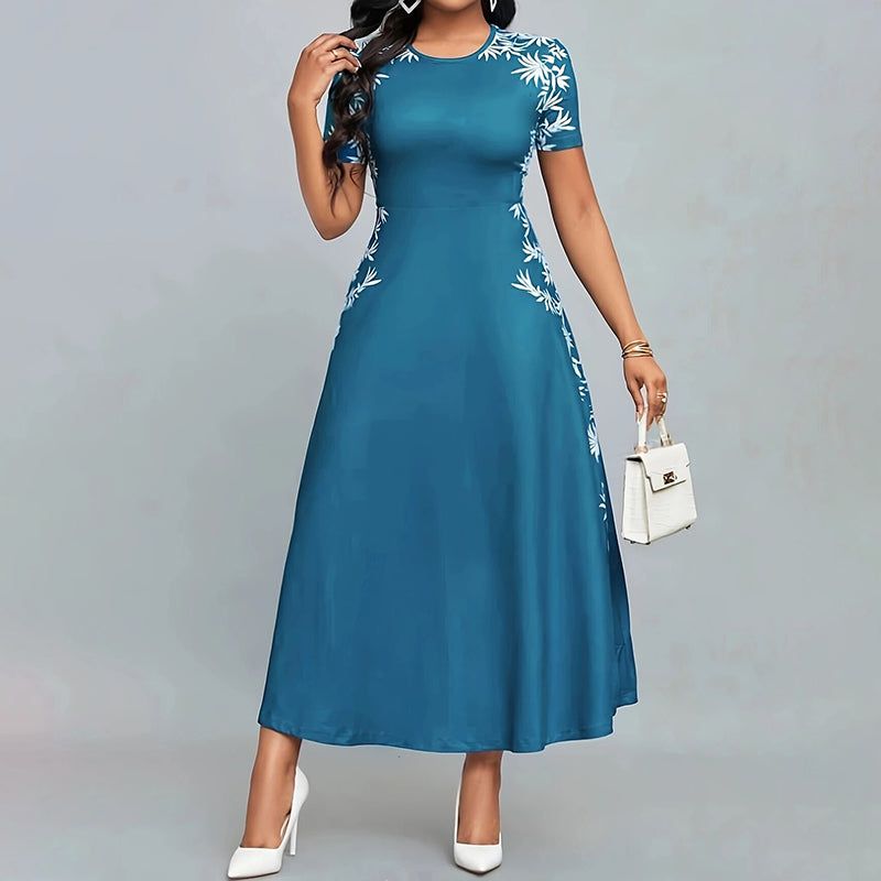 Women's Elegant Empire Waist Short Sleeve Printed Sides Maxi Dress