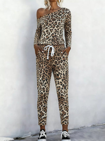 Leopard Print One-Shoulder Top and Pants Set