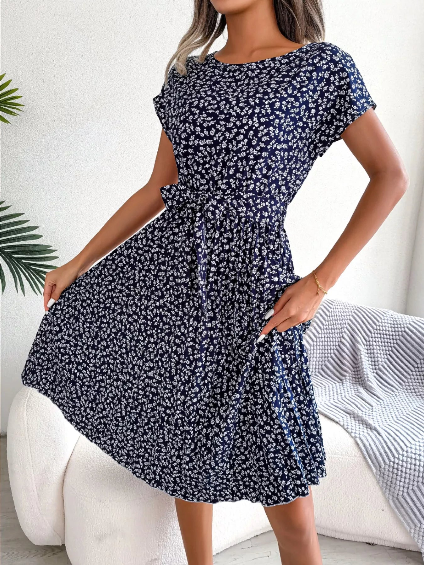 Women's Floral Pleated Midi Dress with Belt – Casual Spring Style