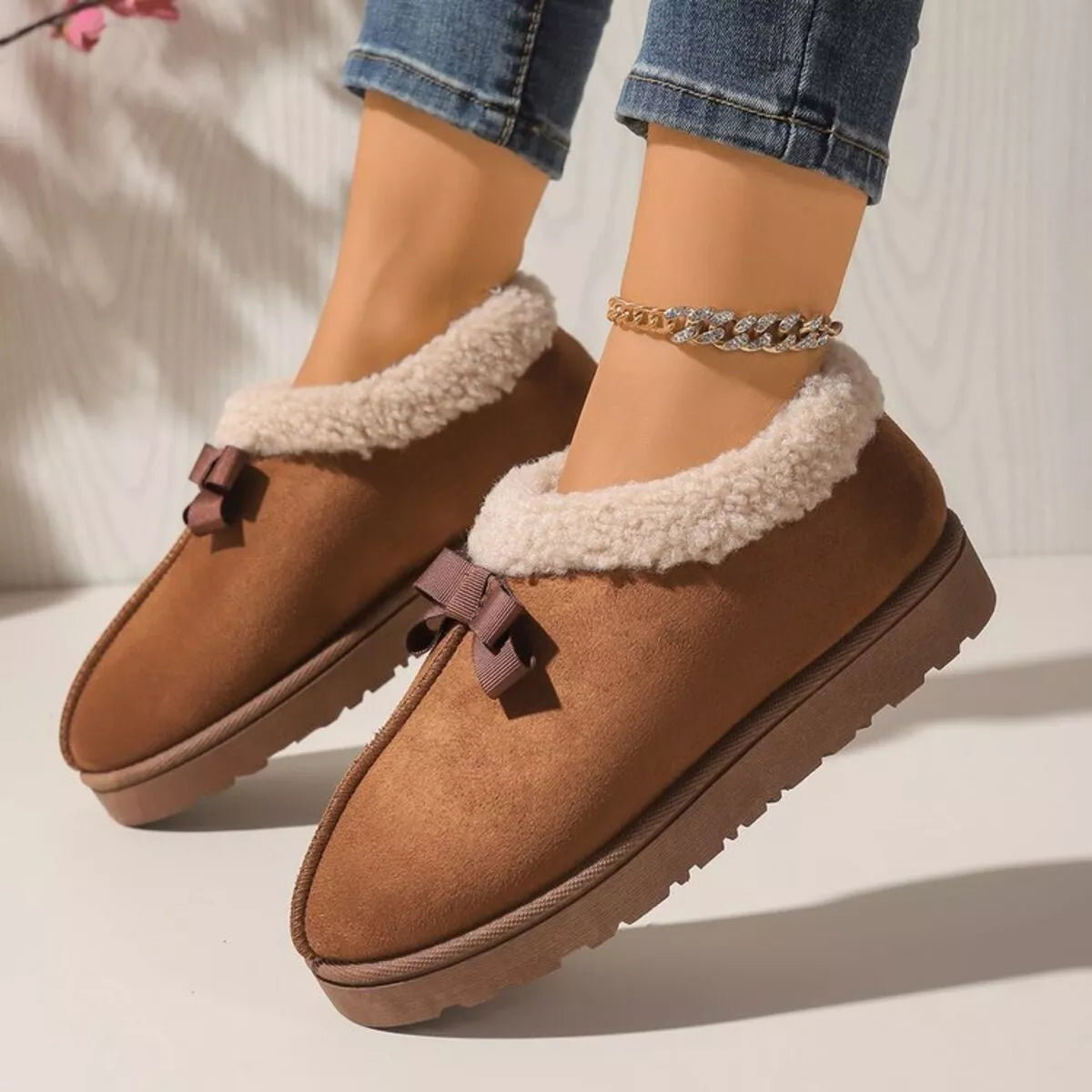 Cozy Bowknot Plush Lined Slip-Ons