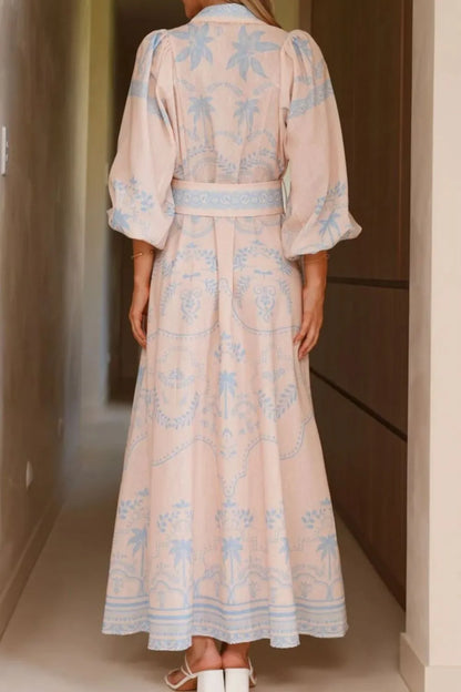 Printed Balloon Sleeve Maxi Shirt Dress