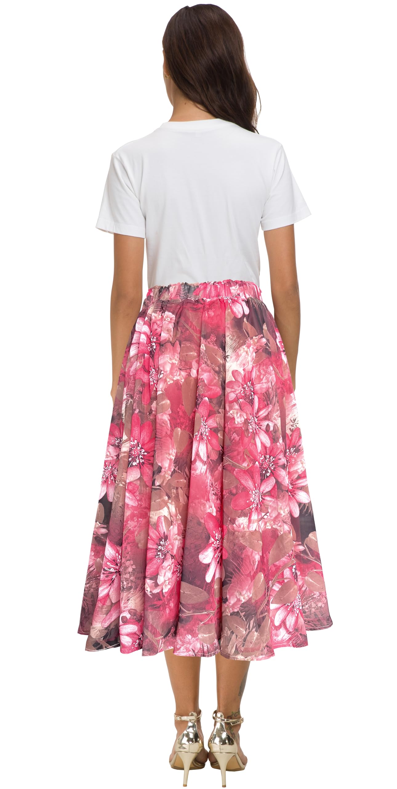 Afibi Women High Waist Floral Print Swing Chiffon Beach Midi Long Skirt with Pockets