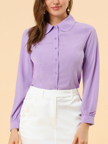 Allegra K Blusa de trabajo con cuello Peter Pan para mujer, estilo casual, de manga larga, con botones