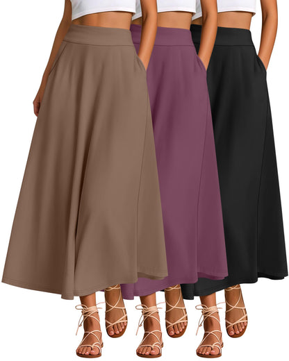 Ficerd 3 Pack Women's Maxi Long Skirts with Pockets, A Line Ankle Length High Waisted Flowy Soft Summer Casual Skirts