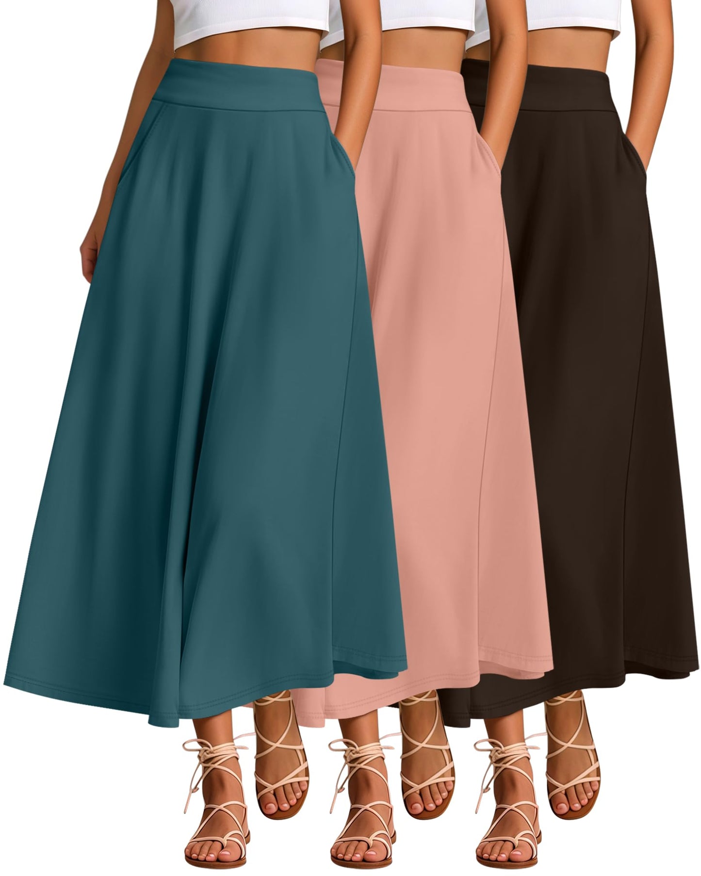 Ficerd 3 Pack Women's Maxi Long Skirts with Pockets, A Line Ankle Length High Waisted Flowy Soft Summer Casual Skirts