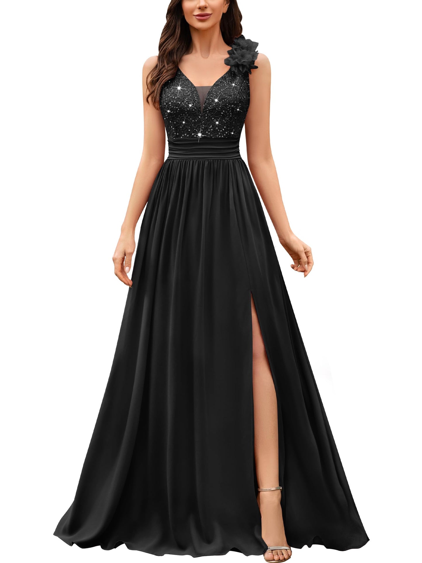 Miusol Women's Vintage V-Neck Sleeveless Sequined Split Formal Evening Maxi Dress