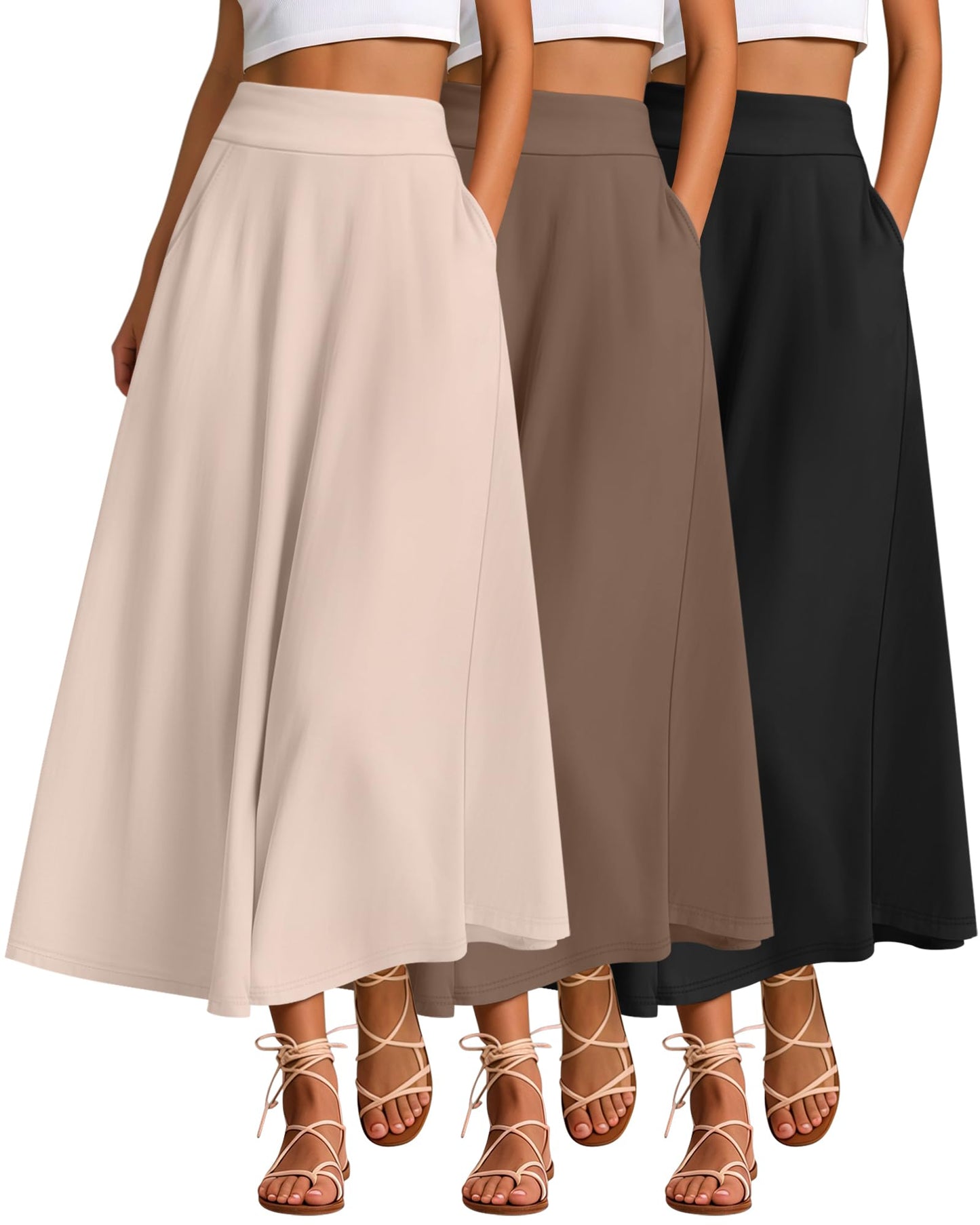 Ficerd 3 Pack Women's Maxi Long Skirts with Pockets, A Line Ankle Length High Waisted Flowy Soft Summer Casual Skirts