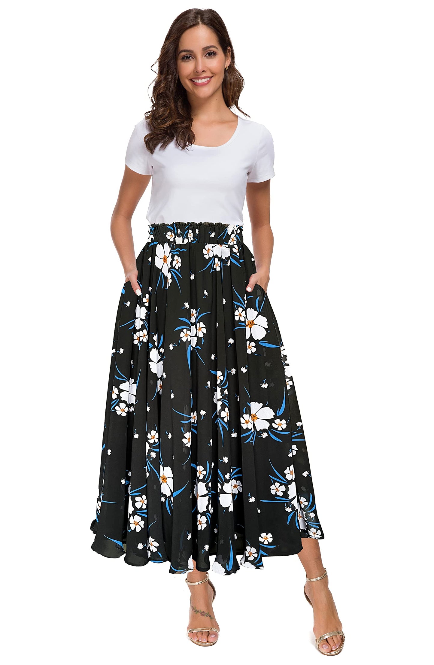 Afibi Women High Waist Floral Print Swing Chiffon Beach Midi Long Skirt with Pockets
