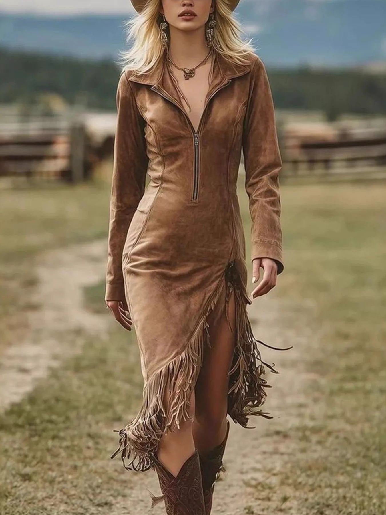 Fringe Hem Zip Front Bodycon Dress