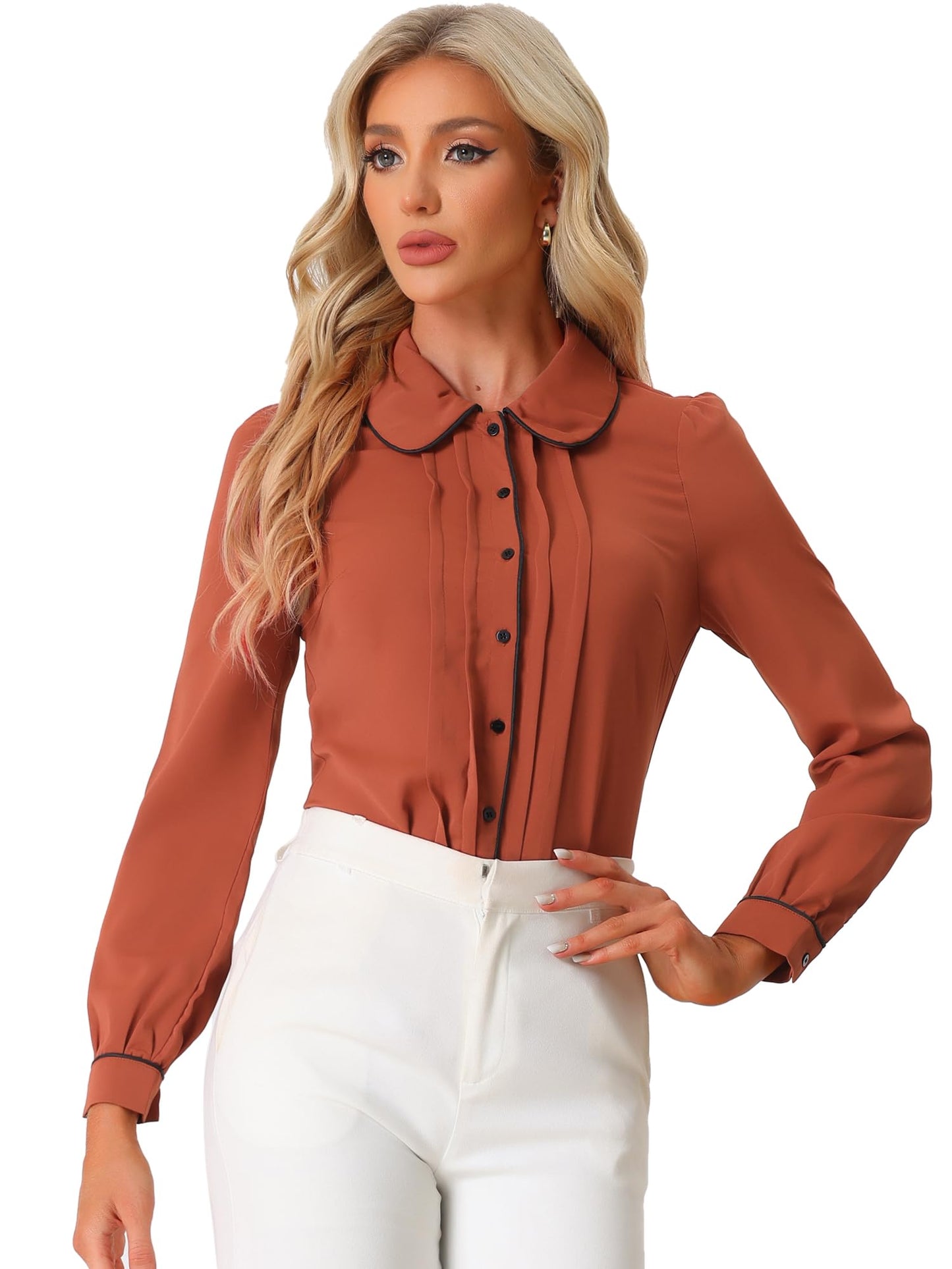 Allegra K Women's Peter Pan Collar Shirt Long Sleeve Elegant Button Down Work Blouse
