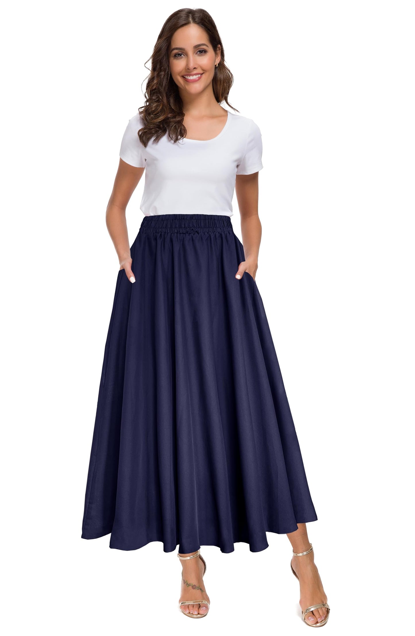 Afibi Women High Waist Floral Print Swing Chiffon Beach Midi Long Skirt with Pockets