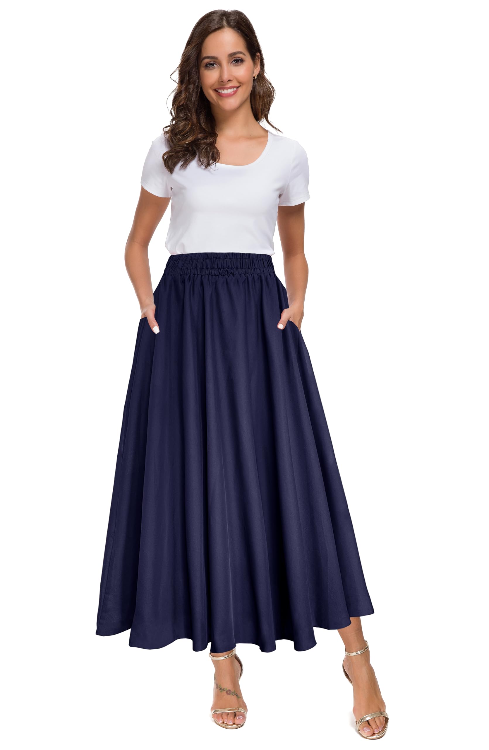 Afibi Women High Waist Floral Print Swing Chiffon Beach Midi Long Skirt with Pockets