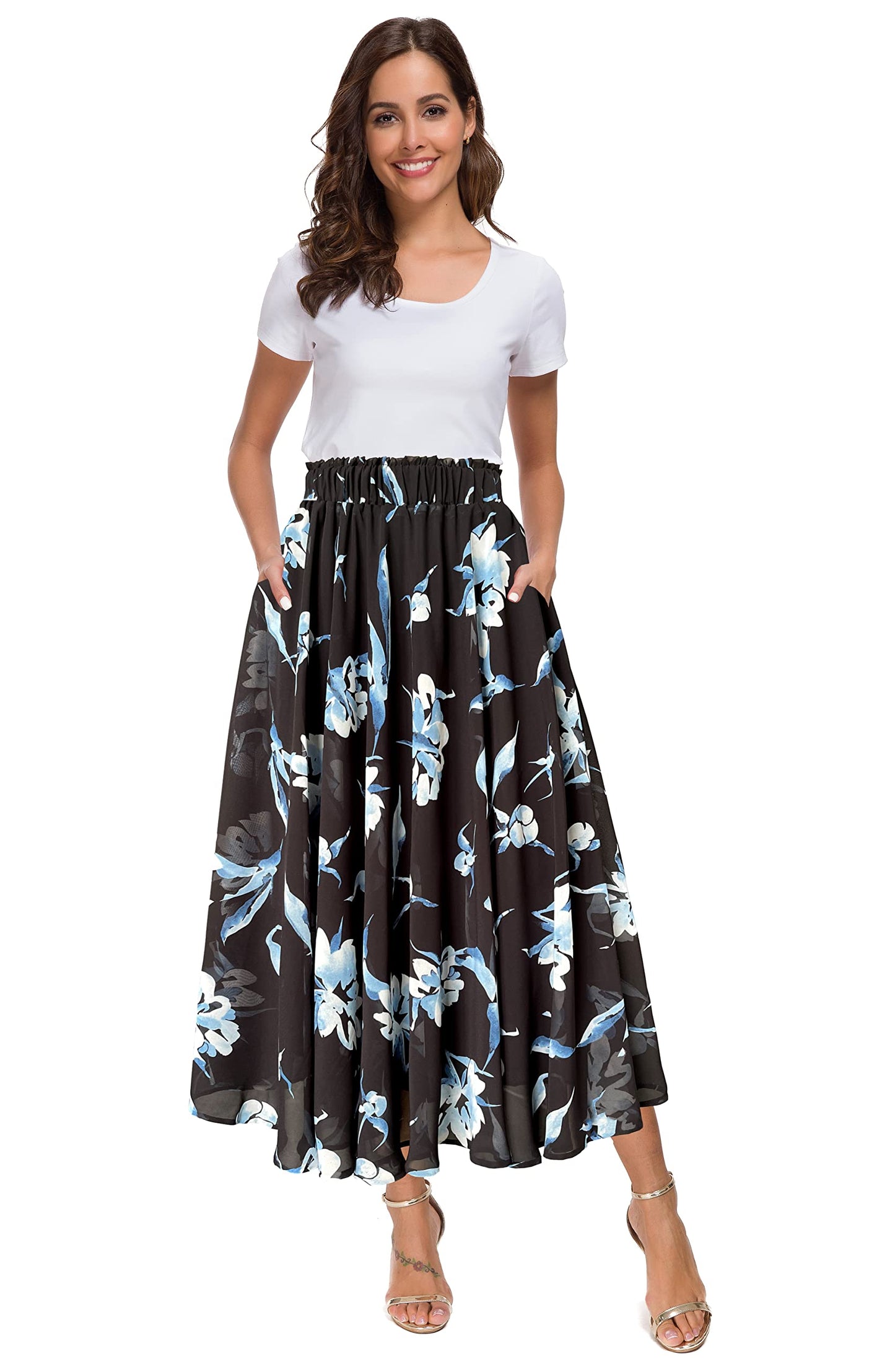 Afibi Women High Waist Floral Print Swing Chiffon Beach Midi Long Skirt with Pockets