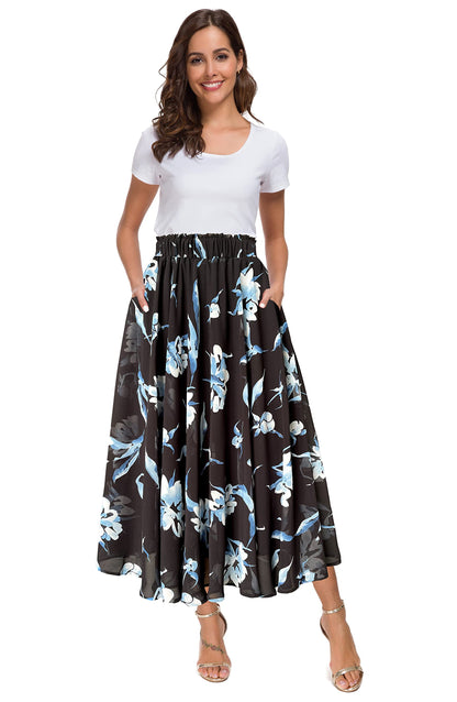 Afibi Women High Waist Floral Print Swing Chiffon Beach Midi Long Skirt with Pockets
