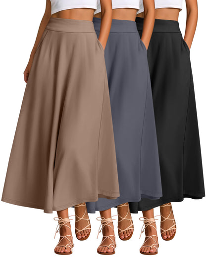 Ficerd 3 Pack Women's Maxi Long Skirts with Pockets, A Line Ankle Length High Waisted Flowy Soft Summer Casual Skirts
