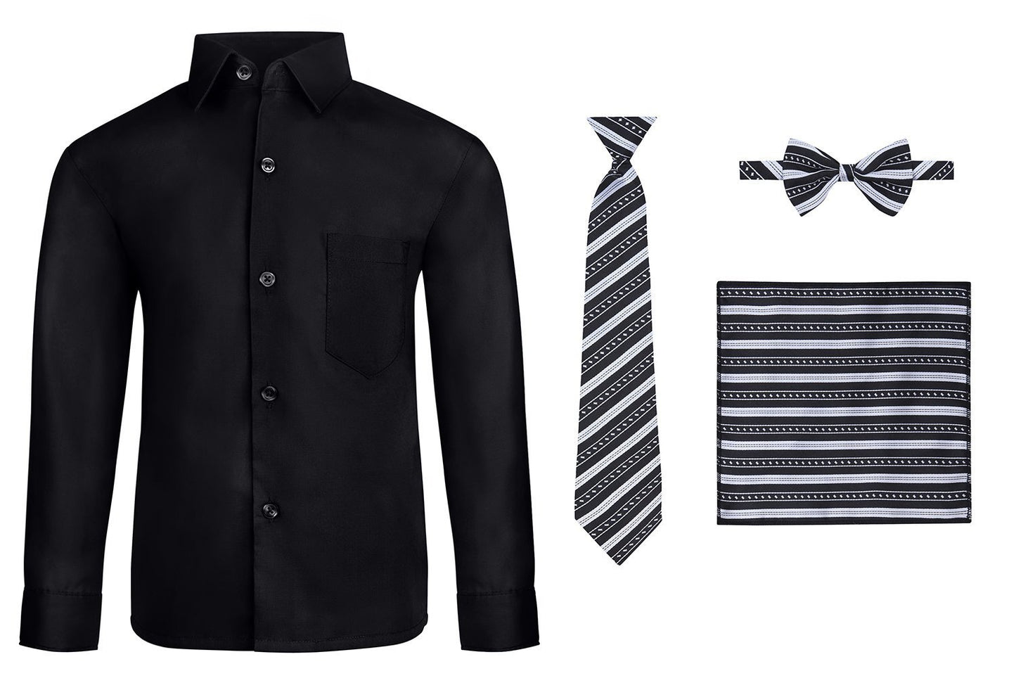 S.H. Churchill & Co. Boy's 4 Piece Dress Shirt Set with Long Tie, Bow Tie and Hanky