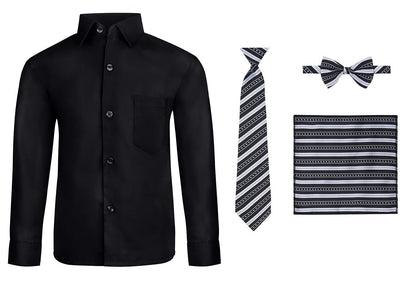 S.H. Churchill & Co. Boy's 4 Piece Dress Shirt Set with Long Tie, Bow Tie and Hanky