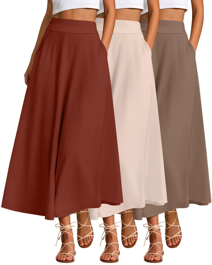 Ficerd 3 Pack Women's Maxi Long Skirts with Pockets, A Line Ankle Length High Waisted Flowy Soft Summer Casual Skirts
