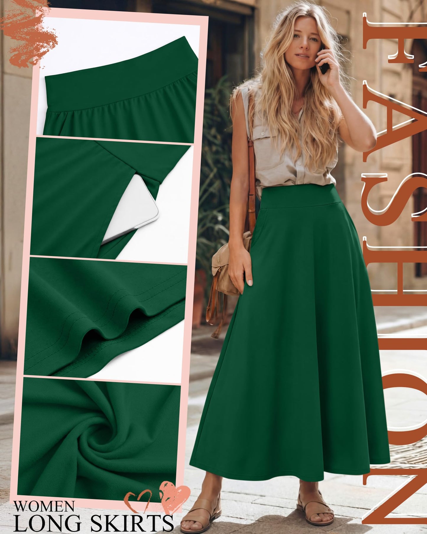Ficerd 3 Pack Women's Maxi Long Skirts with Pockets, A Line Ankle Length High Waisted Flowy Soft Summer Casual Skirts