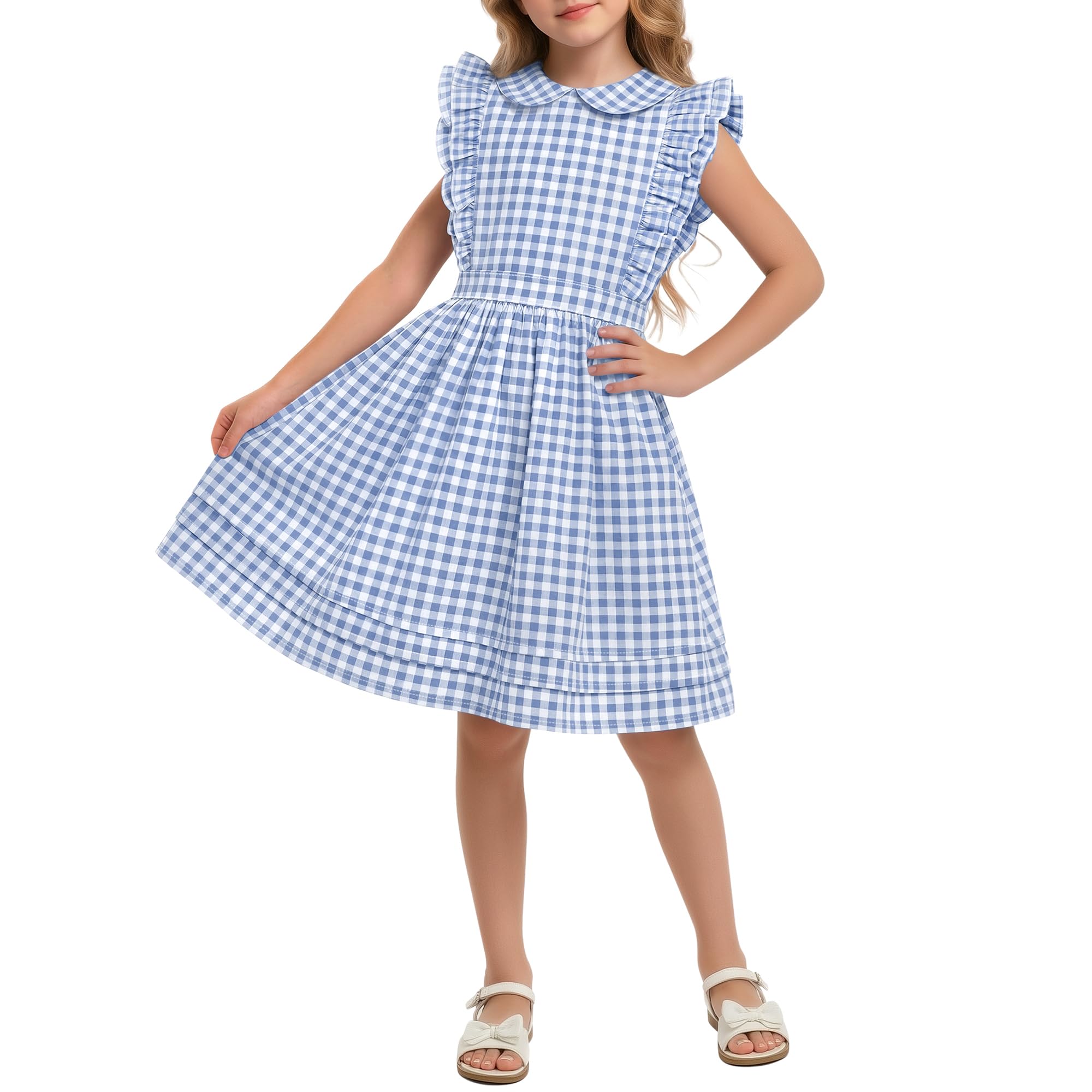 Xaatren Girls' Ruffle Sleeves Dress 5-14 Years Doll Collar Plaid Midi Length Gingham Flutter Pockets Summer Dress with Zipper