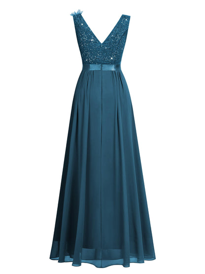 Miusol Women's Vintage V-Neck Sleeveless Sequined Split Formal Evening Maxi Dress