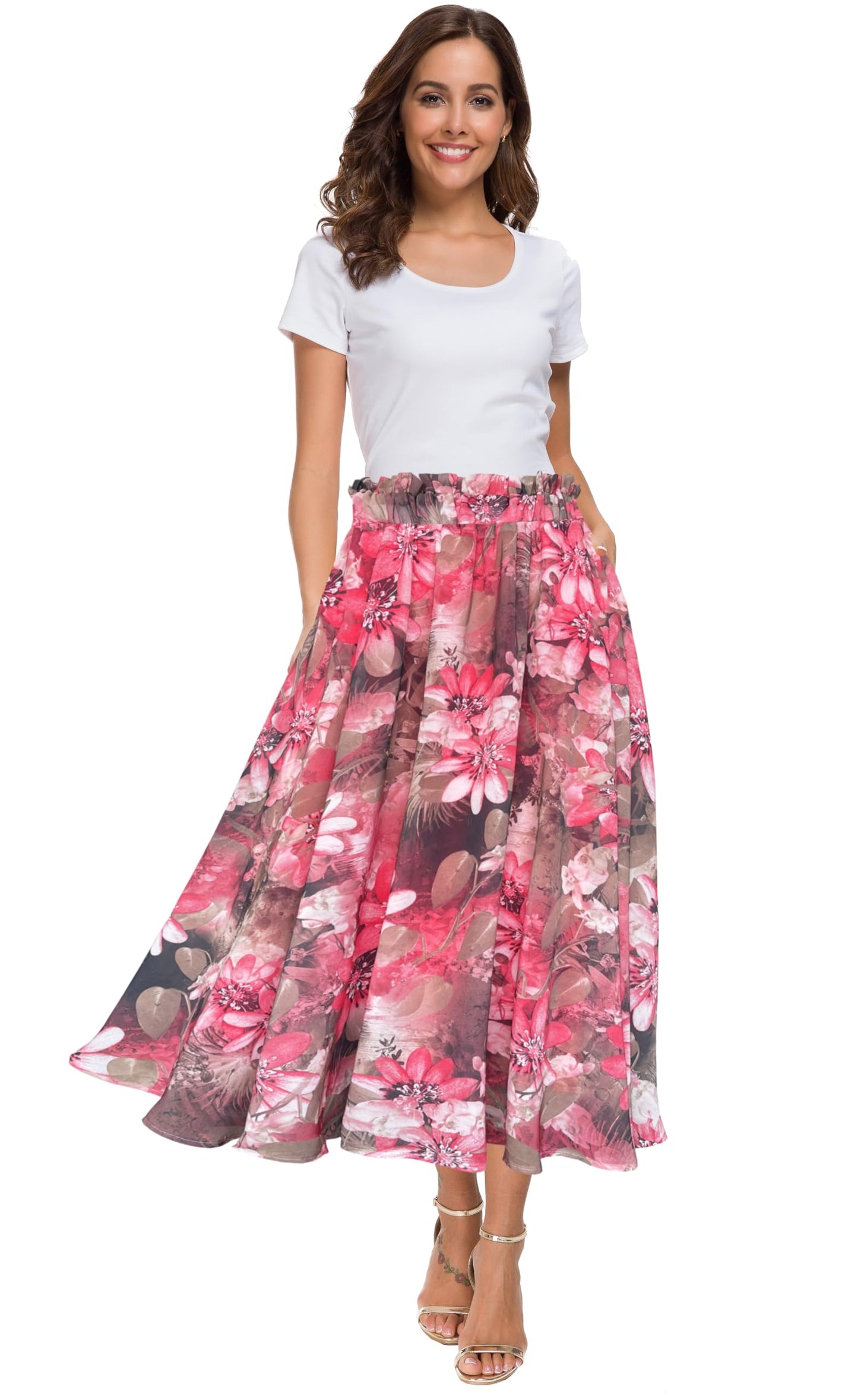 Afibi Women High Waist Floral Print Swing Chiffon Beach Midi Long Skirt with Pockets