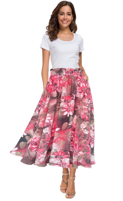 Afibi Women High Waist Floral Print Swing Chiffon Beach Midi Long Skirt with Pockets