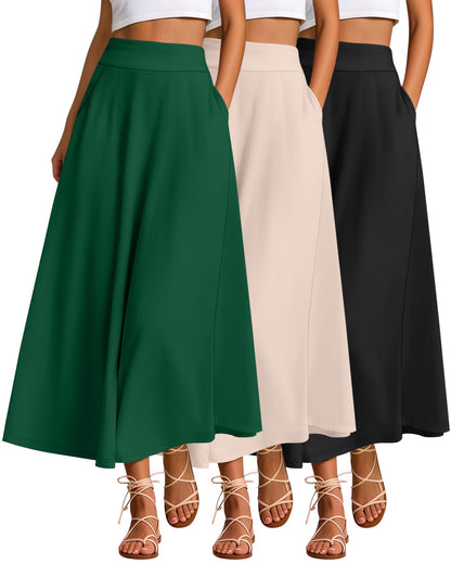 Ficerd 3 Pack Women's Maxi Long Skirts with Pockets, A Line Ankle Length High Waisted Flowy Soft Summer Casual Skirts