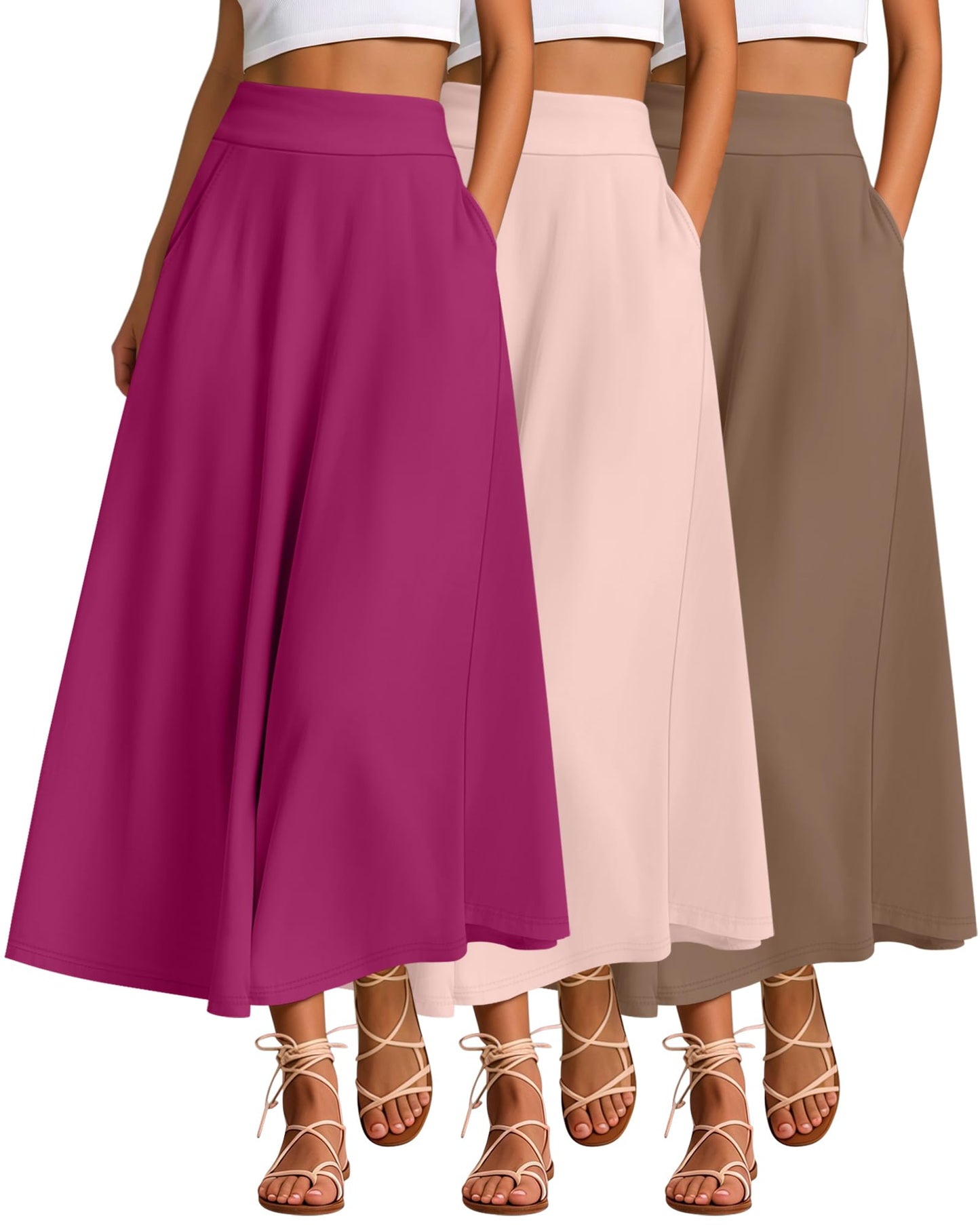 Ficerd 3 Pack Women's Maxi Long Skirts with Pockets, A Line Ankle Length High Waisted Flowy Soft Summer Casual Skirts