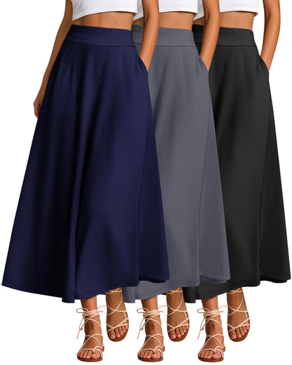 Ficerd 3 Pack Women's Maxi Long Skirts with Pockets, A Line Ankle Length High Waisted Flowy Soft Summer Casual Skirts