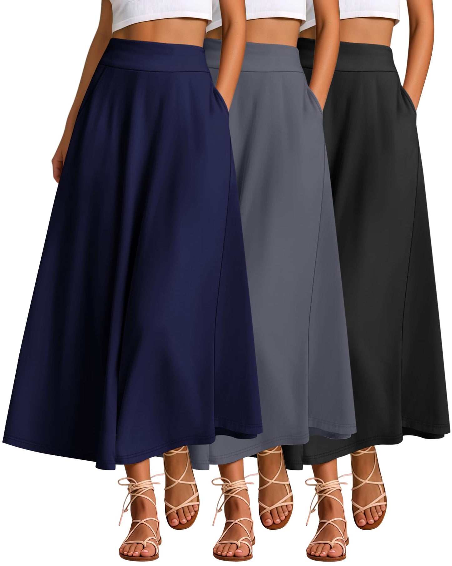 Ficerd 3 Pack Women's Maxi Long Skirts with Pockets, A Line Ankle Length High Waisted Flowy Soft Summer Casual Skirts