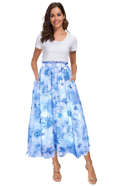 Afibi Women High Waist Floral Print Swing Chiffon Beach Midi Long Skirt with Pockets
