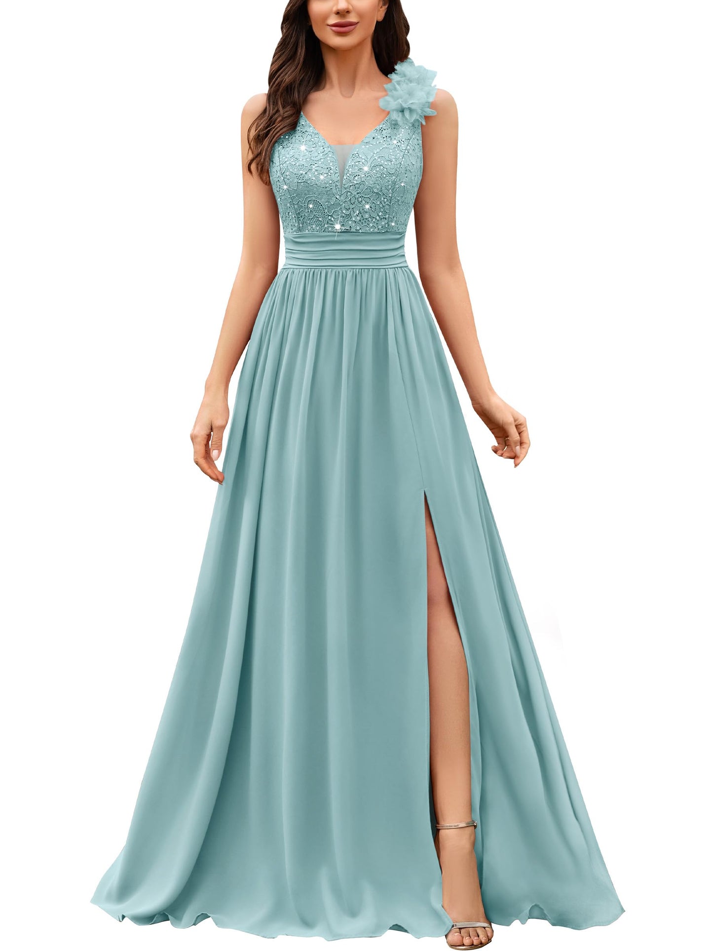 Miusol Women's Vintage V-Neck Sleeveless Sequined Split Formal Evening Maxi Dress