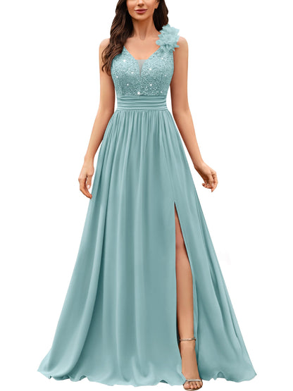 Miusol Women's Vintage V-Neck Sleeveless Sequined Split Formal Evening Maxi Dress