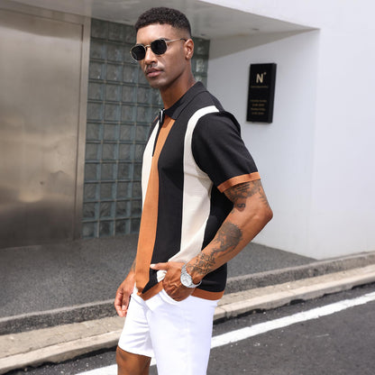 Men's Fashion Polo Shirts Vintage Striped Knitting Shirts Casual Slim Fit Golf Shirts