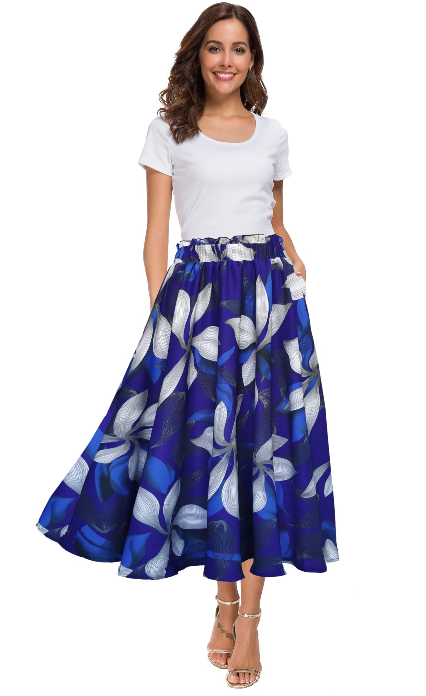 Afibi Women High Waist Floral Print Swing Chiffon Beach Midi Long Skirt with Pockets