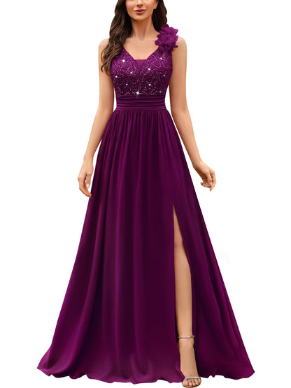 Miusol Women's Vintage V-Neck Sleeveless Sequined Split Formal Evening Maxi Dress
