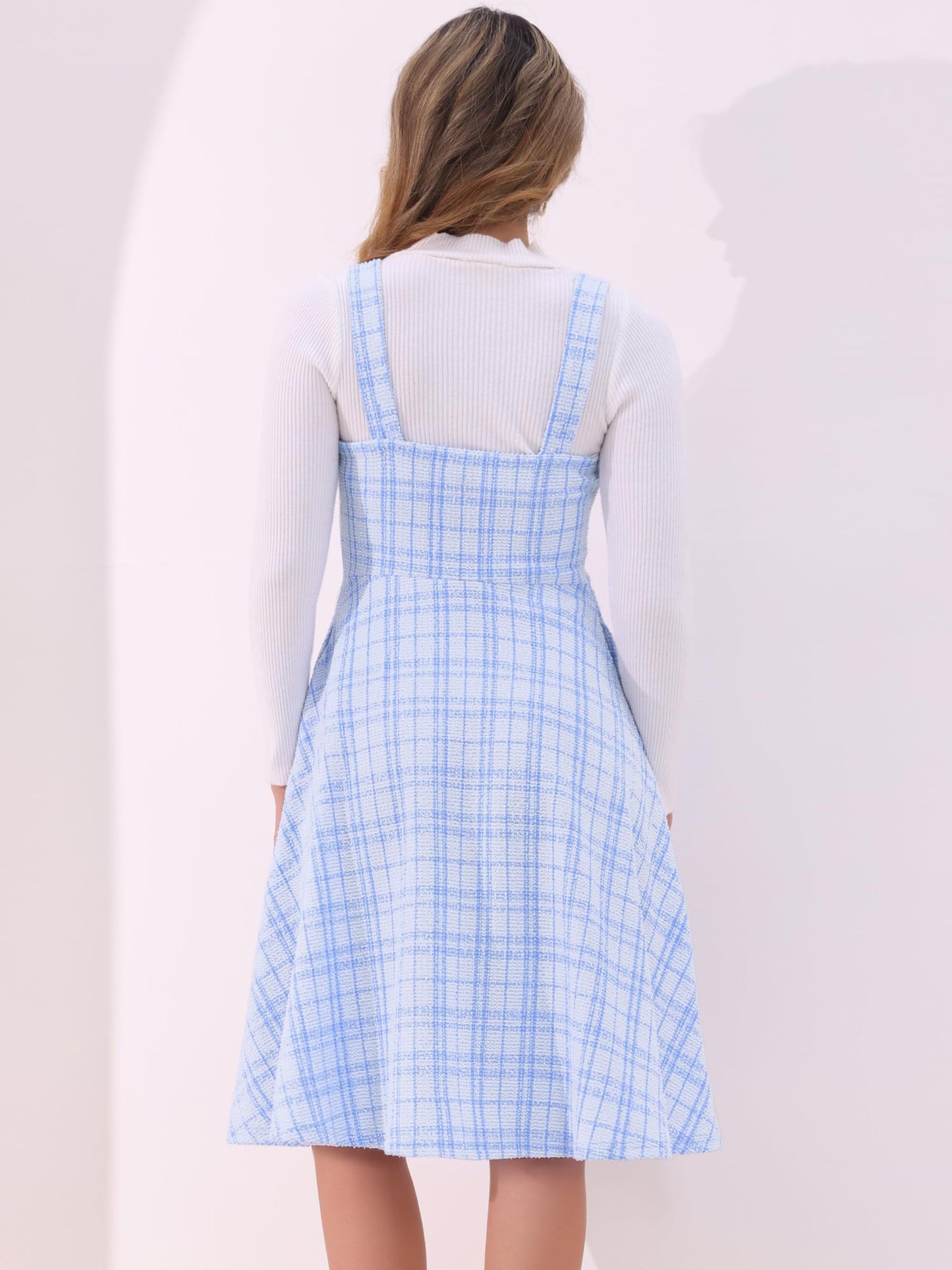 Allegra K Tweed Dress for Women Sleeveless Square Neck Plaid A-Line Pinafore Overall Dresses