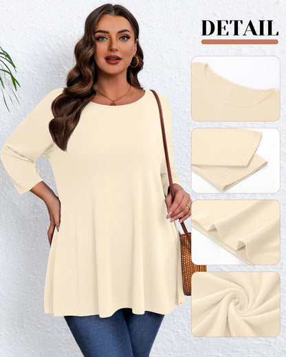 Evervibe 3 Pack Plus Size Tunic Tops for Curvy Women 3/4 Sleeve Shirts Loose Spring Casual Swing Flare Blouses with Leggings