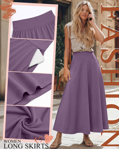 Ficerd 3 Pack Women's Maxi Long Skirts with Pockets, A Line Ankle Length High Waisted Flowy Soft Summer Casual Skirts