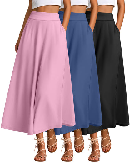 Ficerd 3 Pack Women's Maxi Long Skirts with Pockets, A Line Ankle Length High Waisted Flowy Soft Summer Casual Skirts