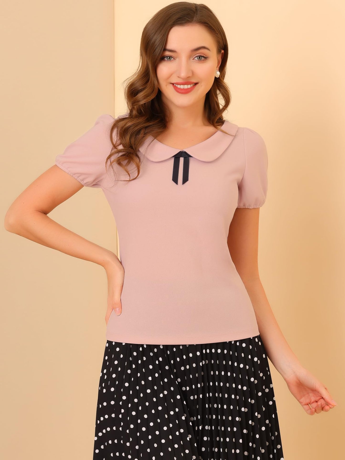 Allegra K Women's Peter Pan Collar Shirt Vintage 1950s Solid Short Sleeve Blouse