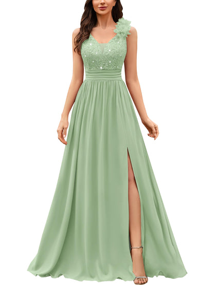 Miusol Women's Vintage V-Neck Sleeveless Sequined Split Formal Evening Maxi Dress