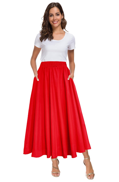 Afibi Women High Waist Floral Print Swing Chiffon Beach Midi Long Skirt with Pockets